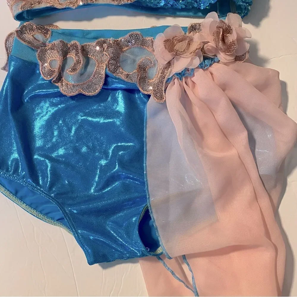 Glamour solo dance costume 2 piece blue pink sequin lace XLC-Extra large child